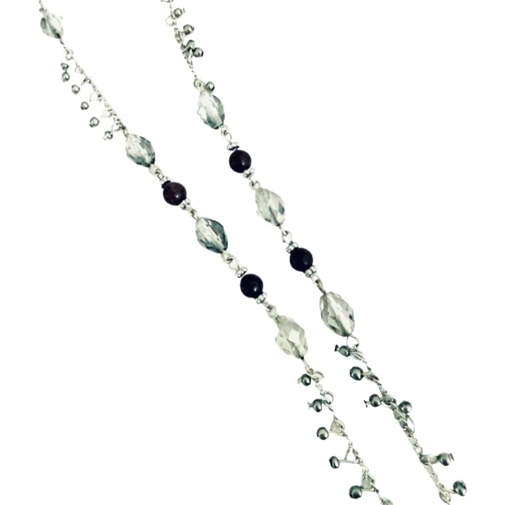 WHBM Multi Crystal Chain Necklace Oval Stone Pendant Burgundy Red Silver